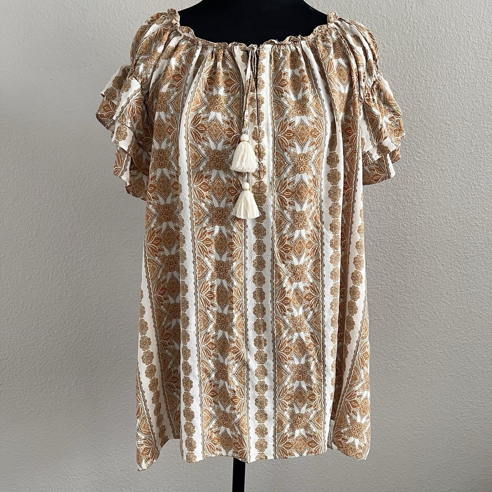 Rose + Olive XL Boho Peasant Blouse Top Tassel Tie Front Flowy Tiered Sleeve